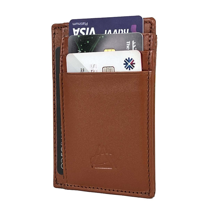 FashionPyramid genuine leather card holder - Sleek and compact, this minimalist wallet in camel color is crafted from genuine leather, offering both style and functionality.