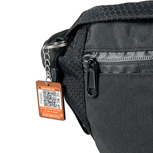 Black Beehive waist bag shown with the optional SafeCode QR tag (sold separately, EGP 50). FashionPyramid