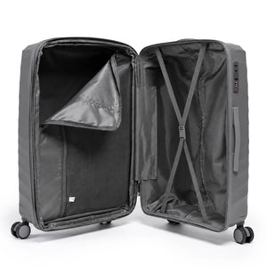Fashion Pyramid Explore Trolley in grey – open interior with zip divider and tie-down straps
