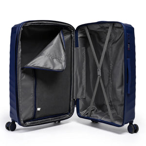 Fashion Pyramid Explore Trolley in navy blue – open interior with zip divider and tie-down straps