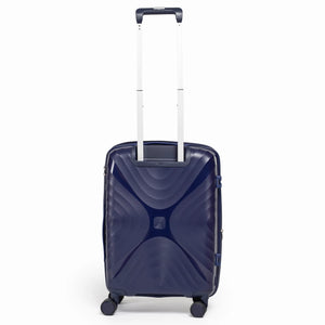 Fashion Pyramid Explore Trolley small 20-inch cabin suitcase in navy blue, back view with telescopic handle