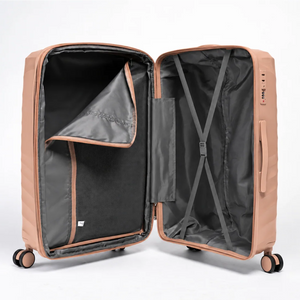 Fashion Pyramid Explore Trolley in salmon – open interior with zip divider and tie-down straps