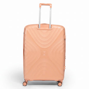 Fashion Pyramid Explore Trolley large 28-inch suitcase in salmon, back view with telescopic handle