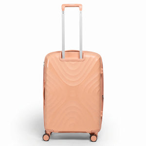 Fashion Pyramid Explore Trolley medium 24-inch suitcase in salmon, back view with telescopic handle