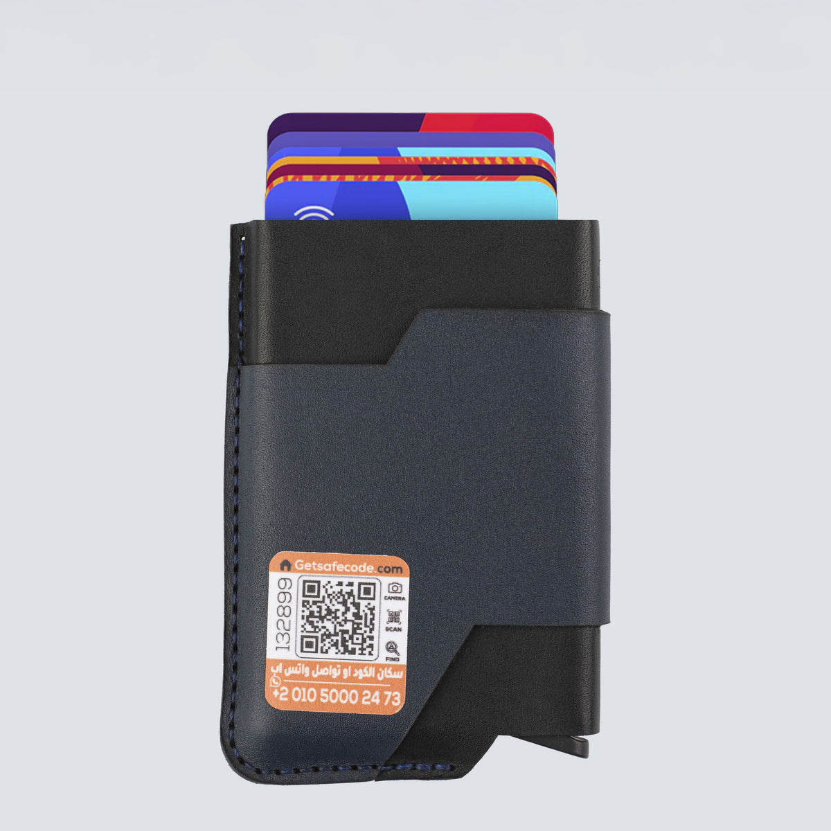 بوب اب - حافظة كروت من الجلد الطبيعي الأصلي مصنوعة يدويًا مع خاصية حماية RFID -ازرق/اسود