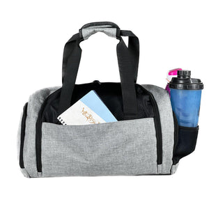 The back pocket of a duffel bag can be a convenient storage option for items that need to be easily accessible .
