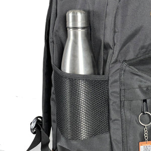 A bottle pocket is a compartment or pocket, often found in backpacks, bags, or purses, that is designed to securely hold a water bottle or other similar-sized beverage container.