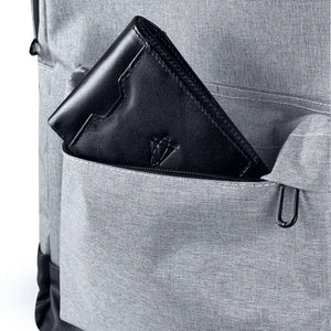 Gray and black backpack with a spacious main compartment and multiple pockets for organization.