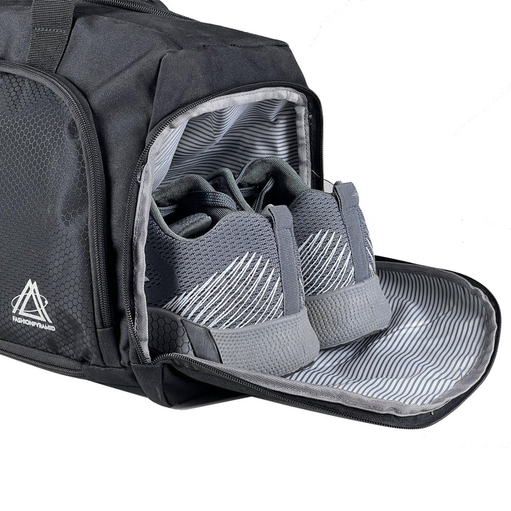 The shoe pocket in a duffel bag is  located on one of the sides of the bag and can be accessed through a separate zipper or opening.