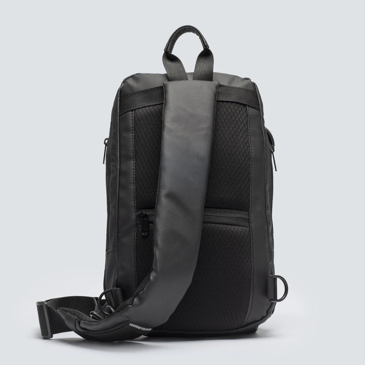 Black backpack with a gray back panel on a light gray background