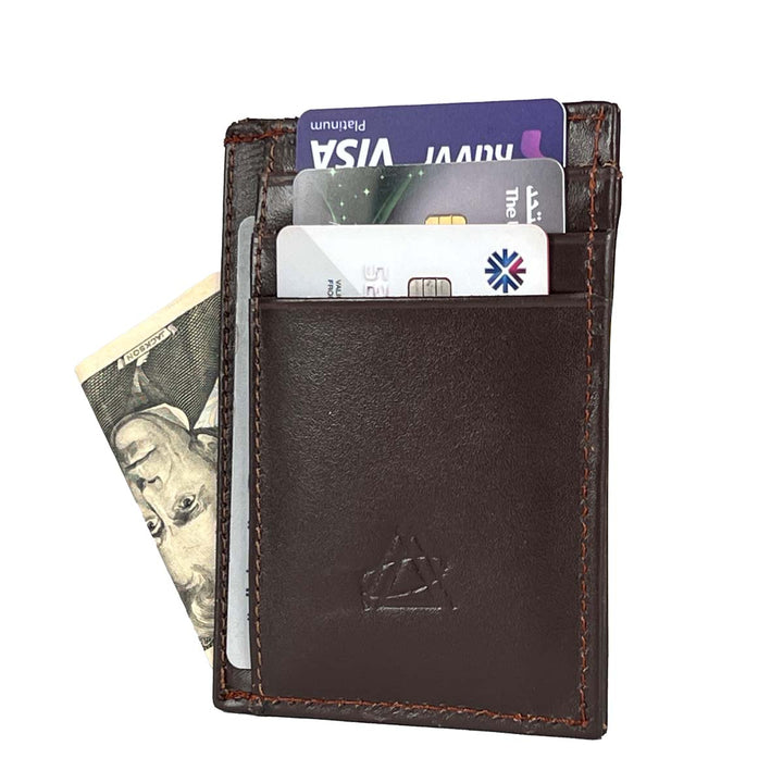 The FashionPyramid wallet, designed as a slim and minimalist cardholder, is made of genuine brown leather, combining style and functionality seamlessly.