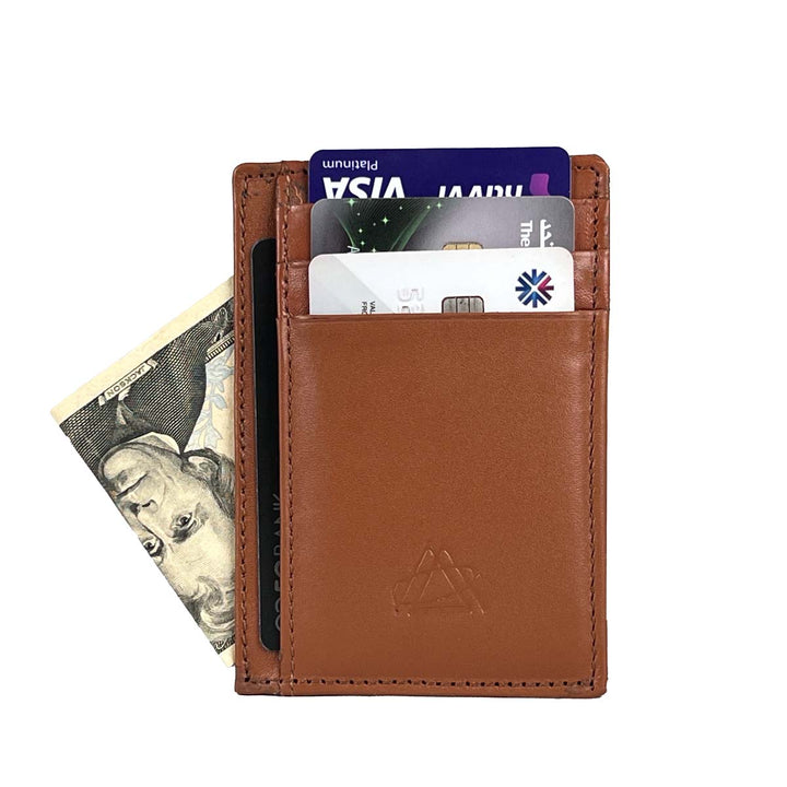 FashionPyramid card holder with genuine leather. Slim and minimalist, this camel-colored wallet is made with high-quality leather for a stylish and practical accessory.