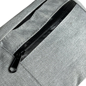 Water-resistant gray waist bag featuring a beehive design and 4 pockets, made of durable Oxford material.