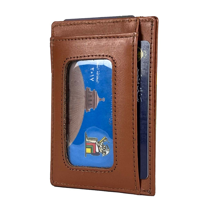 FashionPyramid camel leather card holder - Embrace elegance and practicality with this slim and genuine leather wallet, designed to hold your cards securely in style.