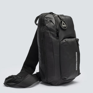 Black sling bag with visible brand logo on a light gray background