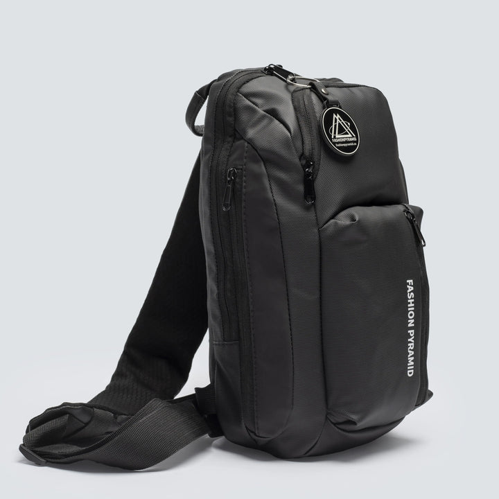 Black sling bag with visible brand logo on a light gray background