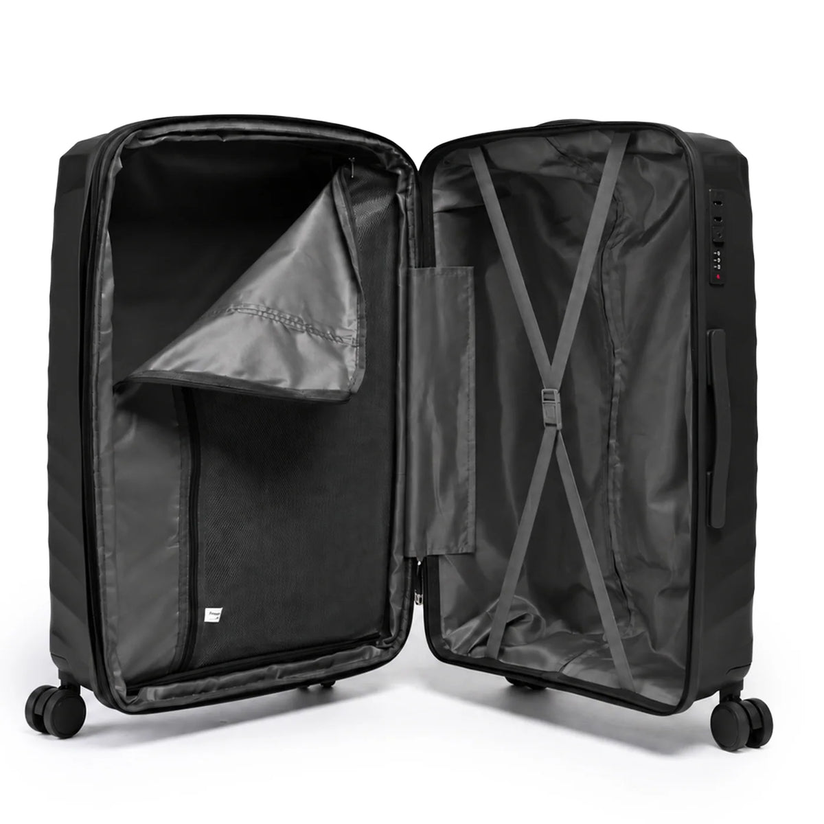 Fashion Pyramid Explore Trolley in black – open interior with zip divider and tie-down straps