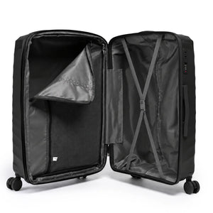 Fashion Pyramid Explore Trolley in black – open interior with zip divider and tie-down straps