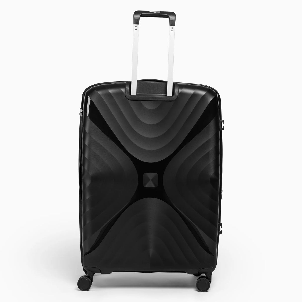Fashion Pyramid Explore Trolley large 28-inch suitcase in black, back view with telescopic handle