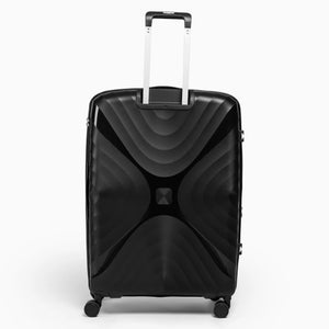 Fashion Pyramid Explore Trolley large 28-inch suitcase in black, back view with telescopic handle