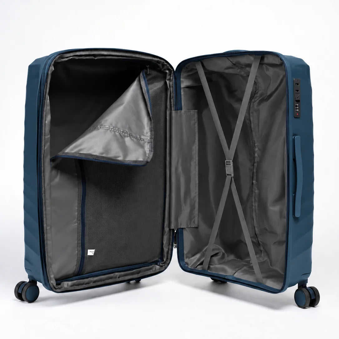 Fashion Pyramid Explore Trolley in blue – open interior with zip divider and tie-down straps