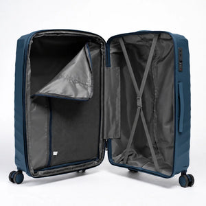 Fashion Pyramid Explore Trolley in blue – open interior with zip divider and tie-down straps
