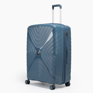 Fashion Pyramid Explore Trolley large 28-inch suitcase in blue, three-quarter view