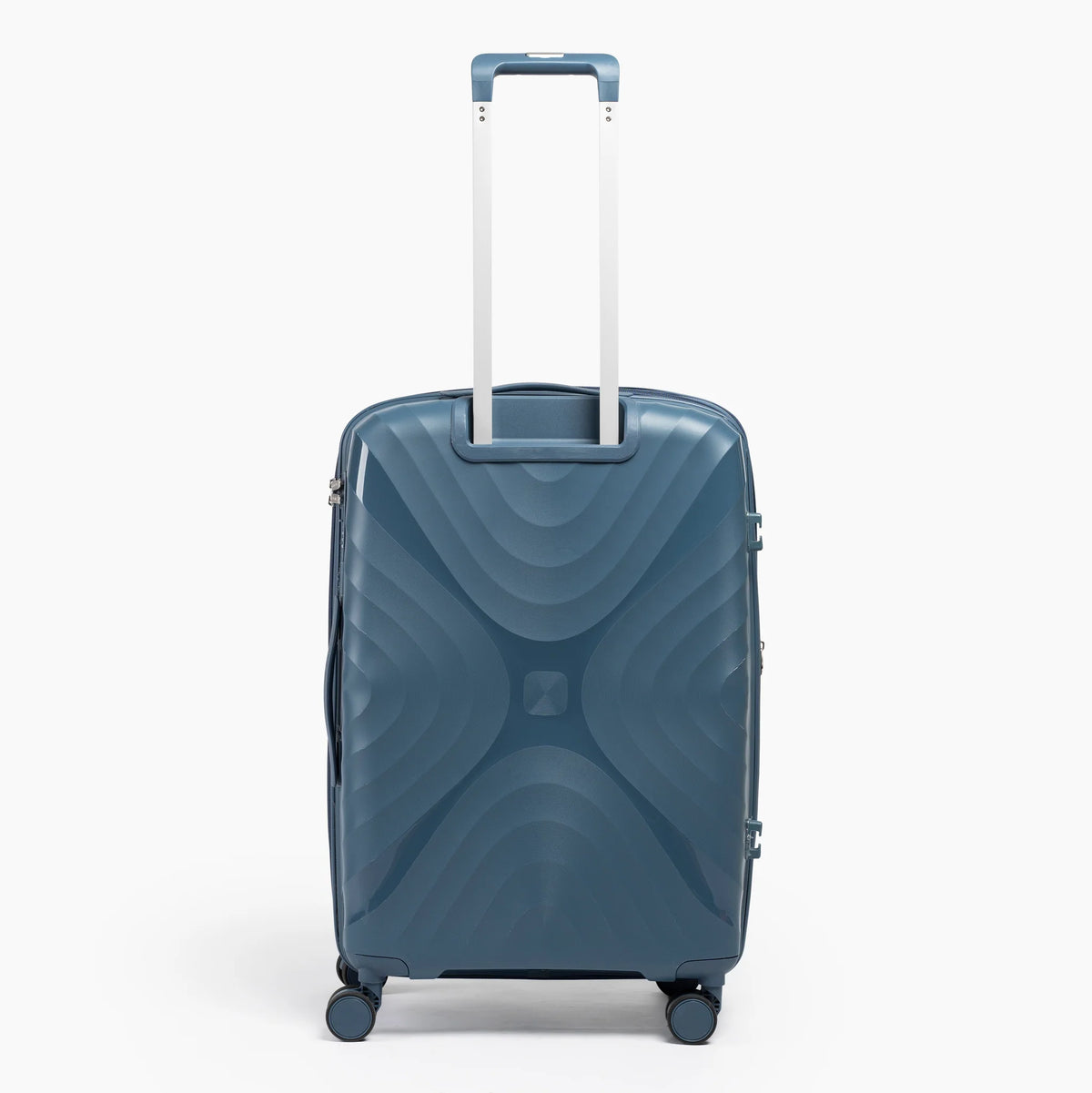 Fashion Pyramid Explore Trolley medium 24-inch suitcase in blue, back view with telescopic handle
