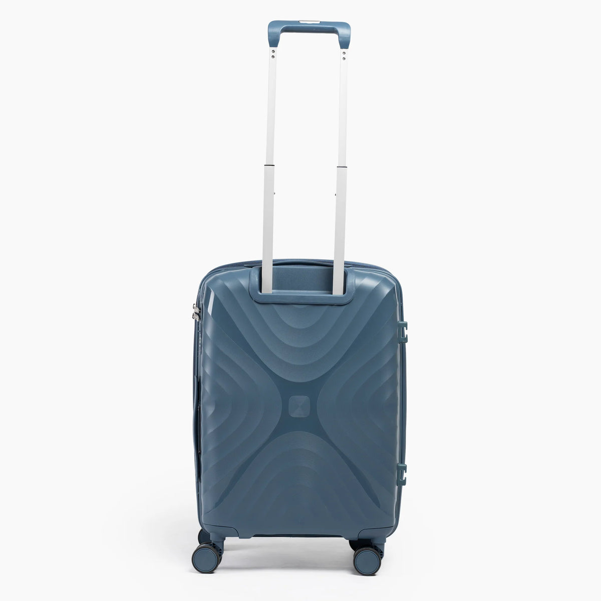 Fashion Pyramid Explore Trolley small 20-inch cabin suitcase in blue, back view with telescopic handle