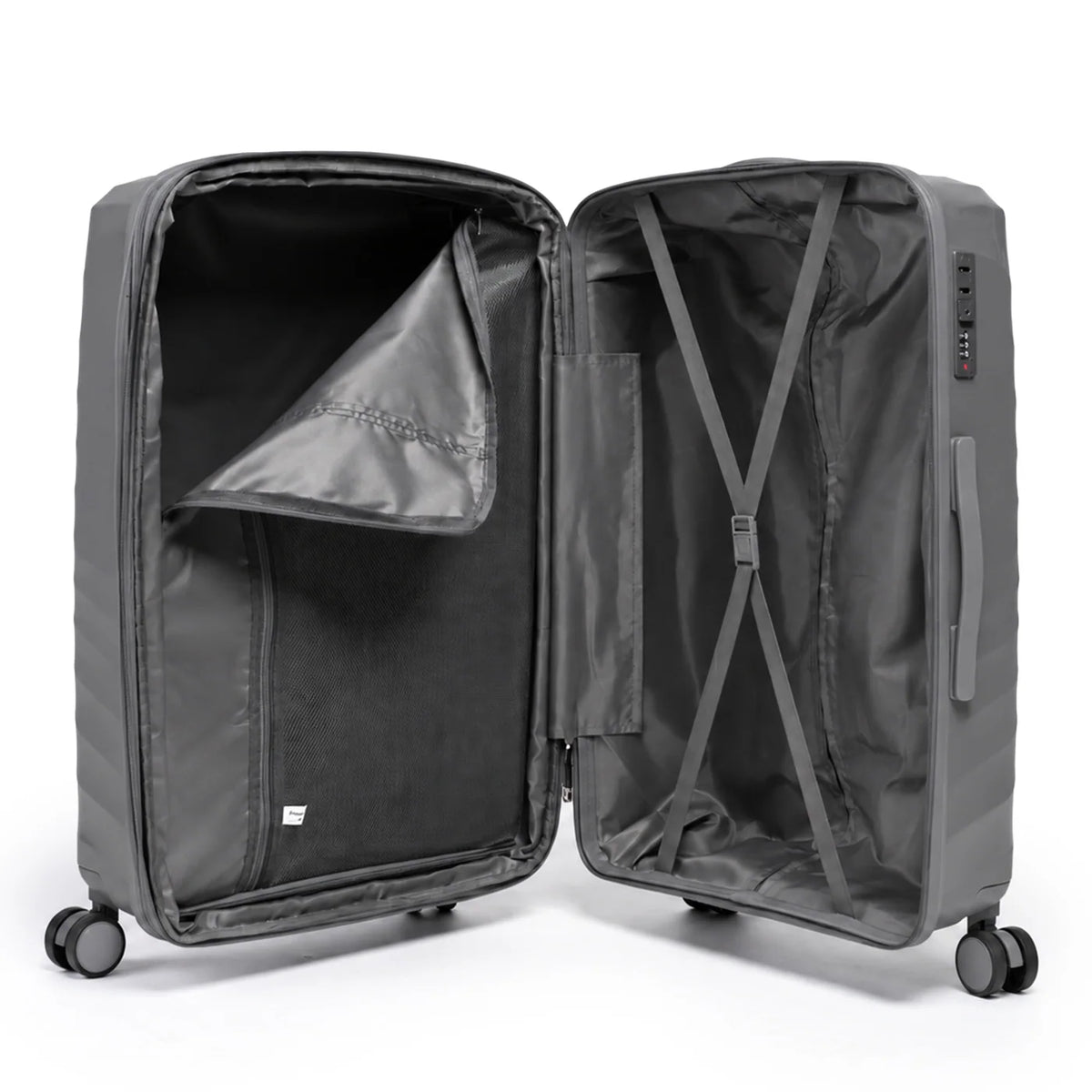 Fashion Pyramid Explore Trolley in grey – open interior with zip divider and tie-down straps