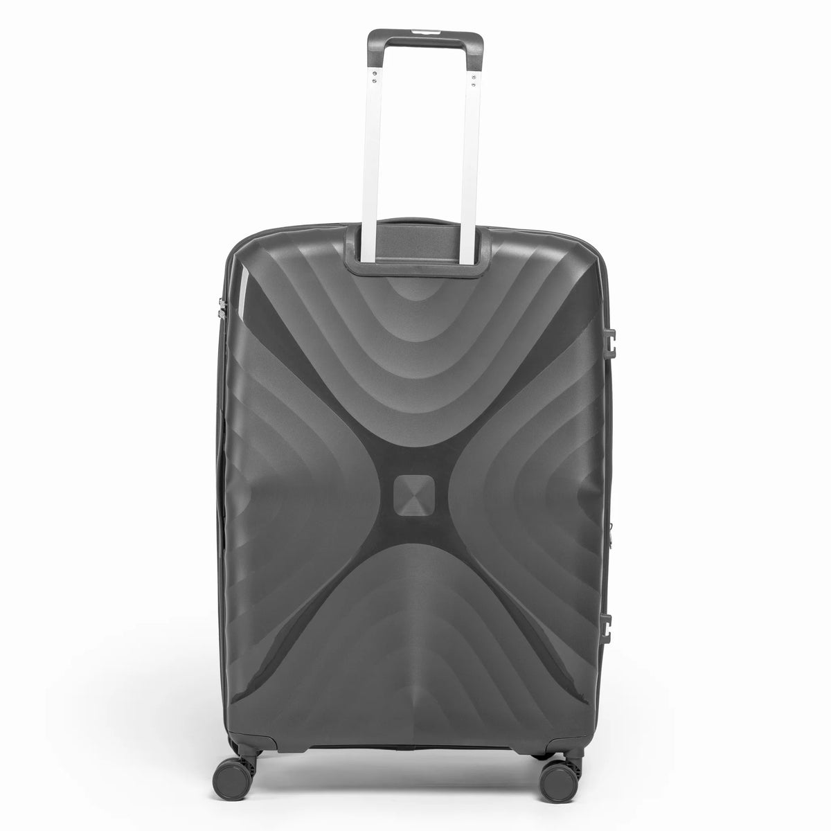 Fashion Pyramid Explore Trolley large 28-inch suitcase in grey, back view with telescopic handle