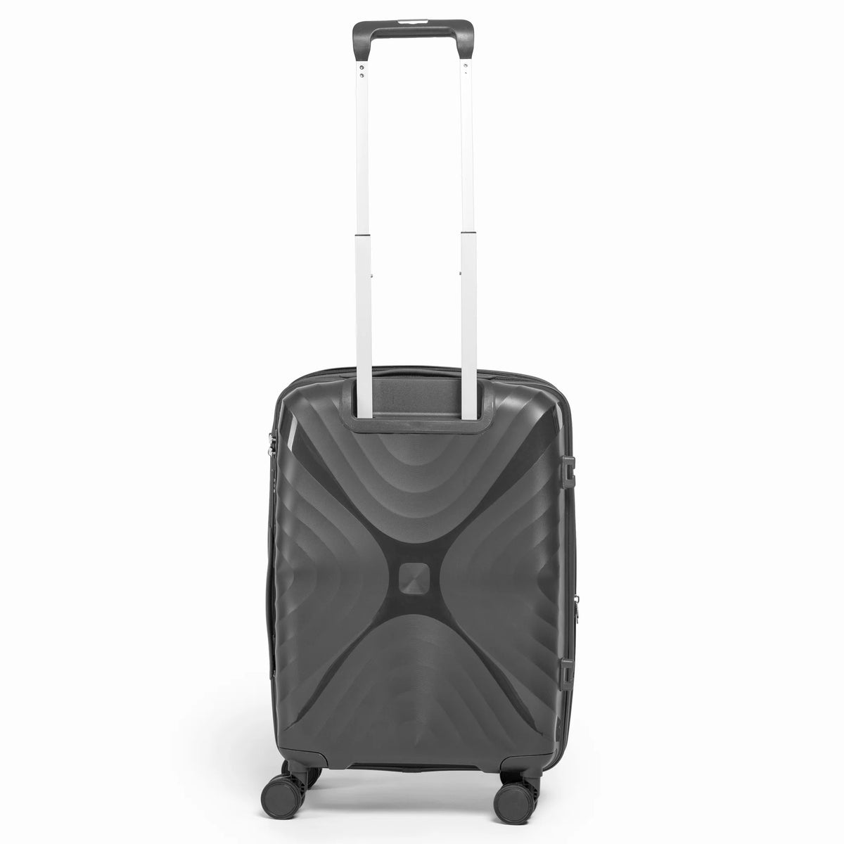 Fashion Pyramid Explore Trolley small 20-inch cabin suitcase in grey, back view with telescopic handle