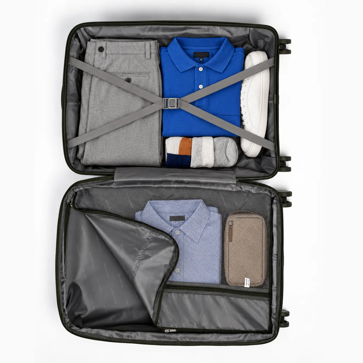 Fashion Pyramid Explore Trolley in olive – packed interior showing storage layout