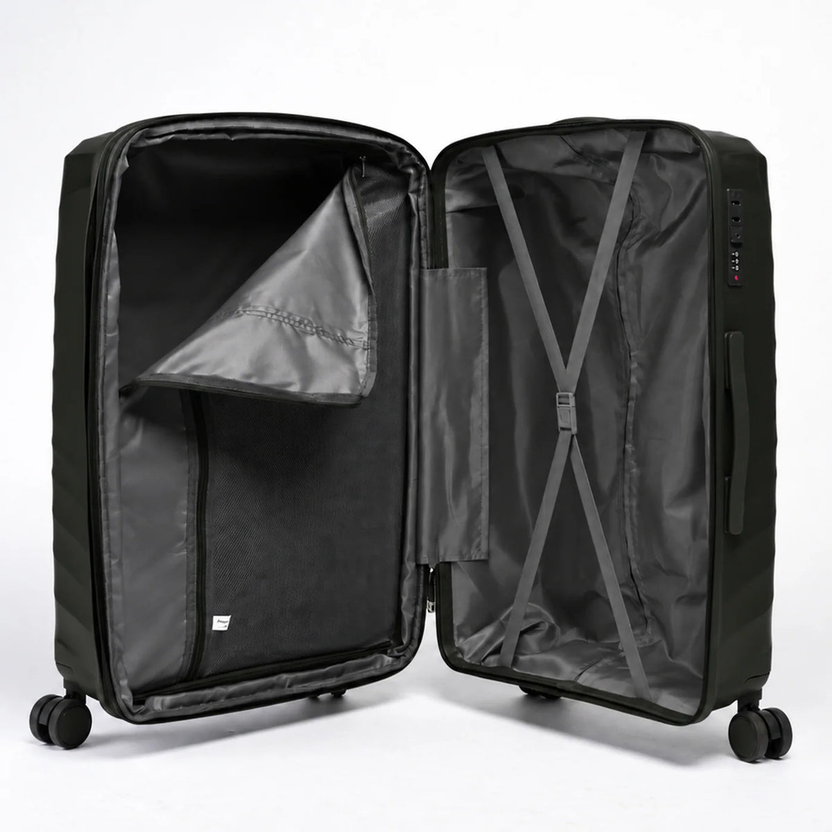 Fashion Pyramid Explore Trolley in olive – open interior with zip divider and tie-down straps