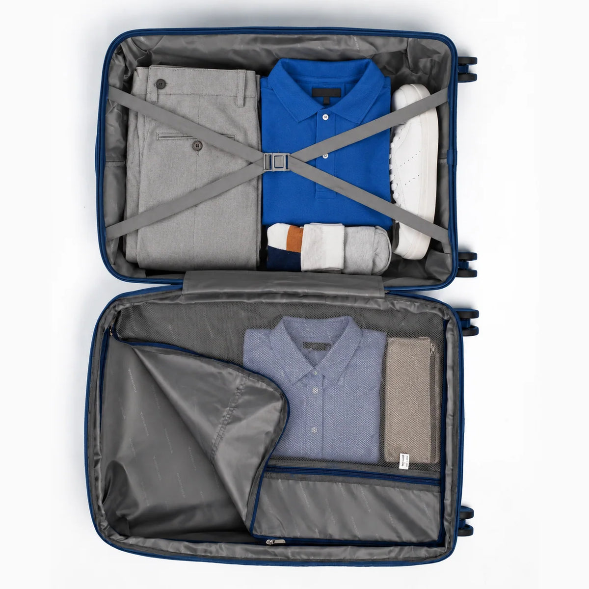 Fashion Pyramid Explore Trolley in navy blue – packed interior showing storage layout