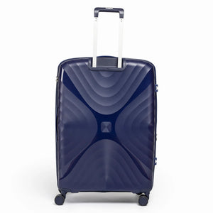 Fashion Pyramid Explore Trolley large 28-inch suitcase in navy blue, back view with telescopic handle