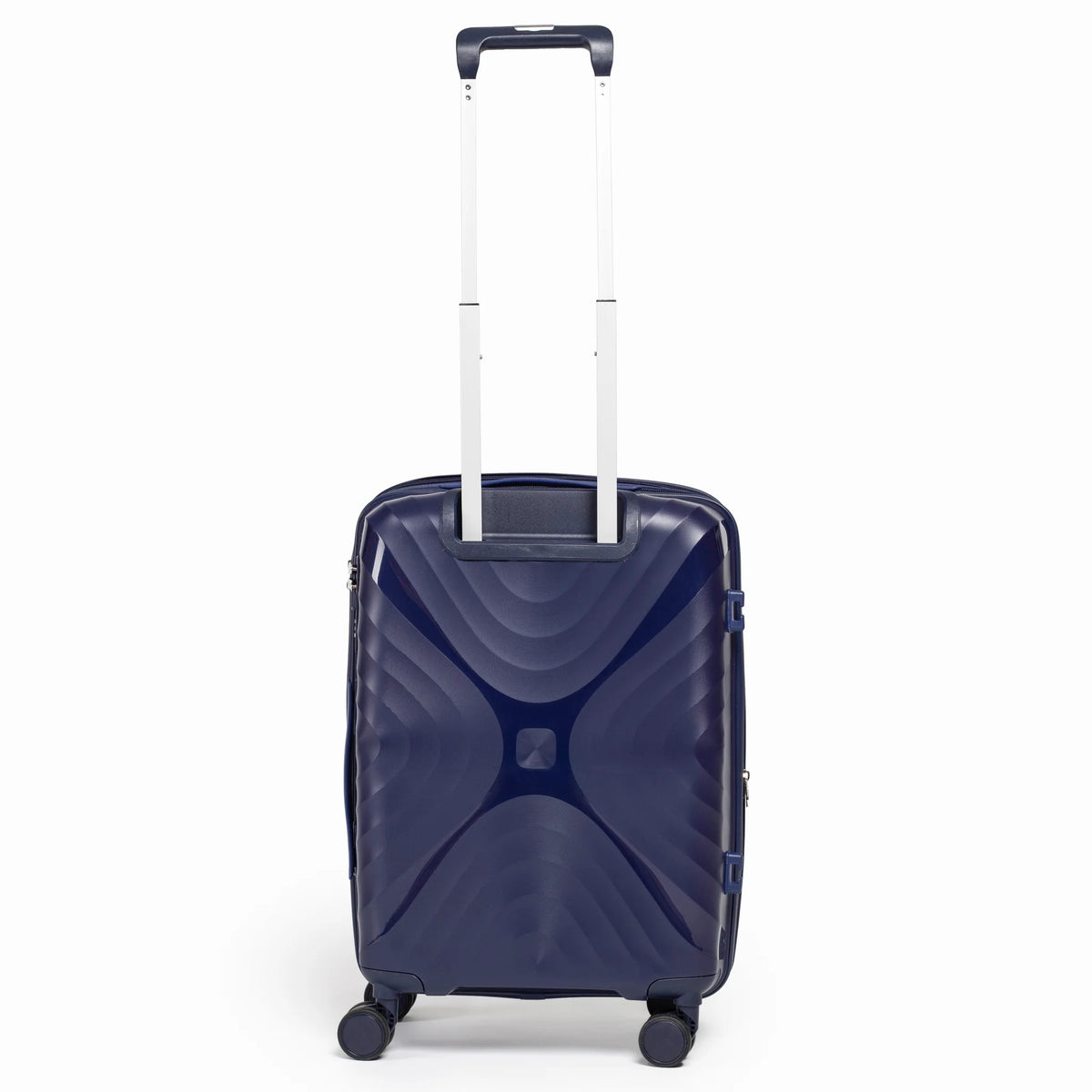 Fashion Pyramid Explore Trolley small 20-inch cabin suitcase in navy blue, back view with telescopic handle