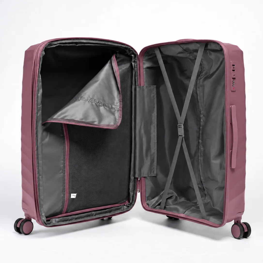 Fashion Pyramid Explore Trolley in rose – open interior with zip divider and tie-down straps