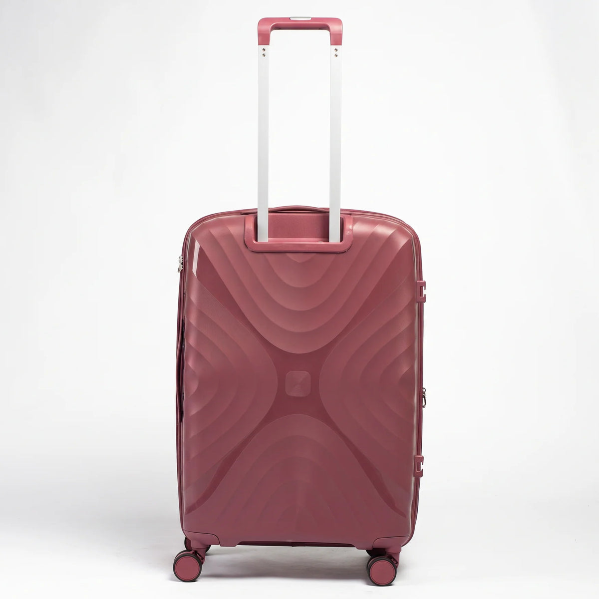 Fashion Pyramid Explore Trolley medium 24-inch suitcase in rose, back view with telescopic handle