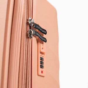 Fashion Pyramid Explore Trolley in salmon – combination lock and zipper pulls close-up