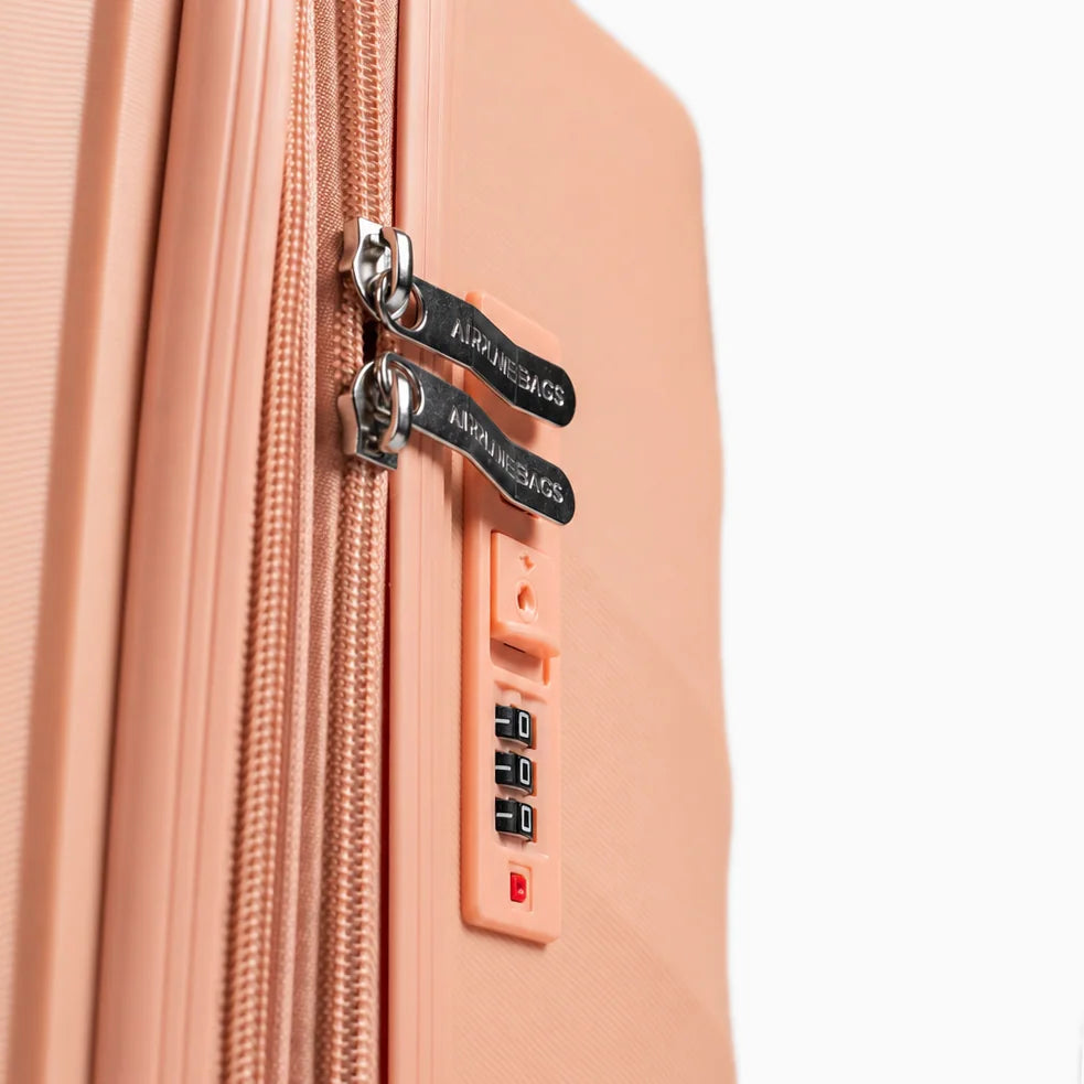 Fashion Pyramid Explore Trolley in salmon – combination lock and zipper pulls close-up