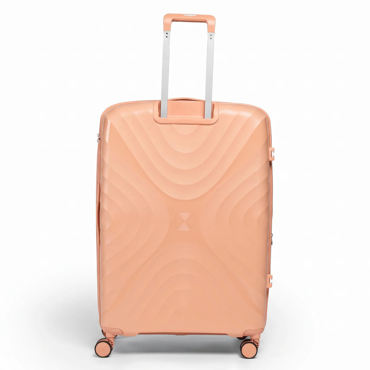 Fashion Pyramid Explore Trolley large 28-inch suitcase in salmon, back view with telescopic handle