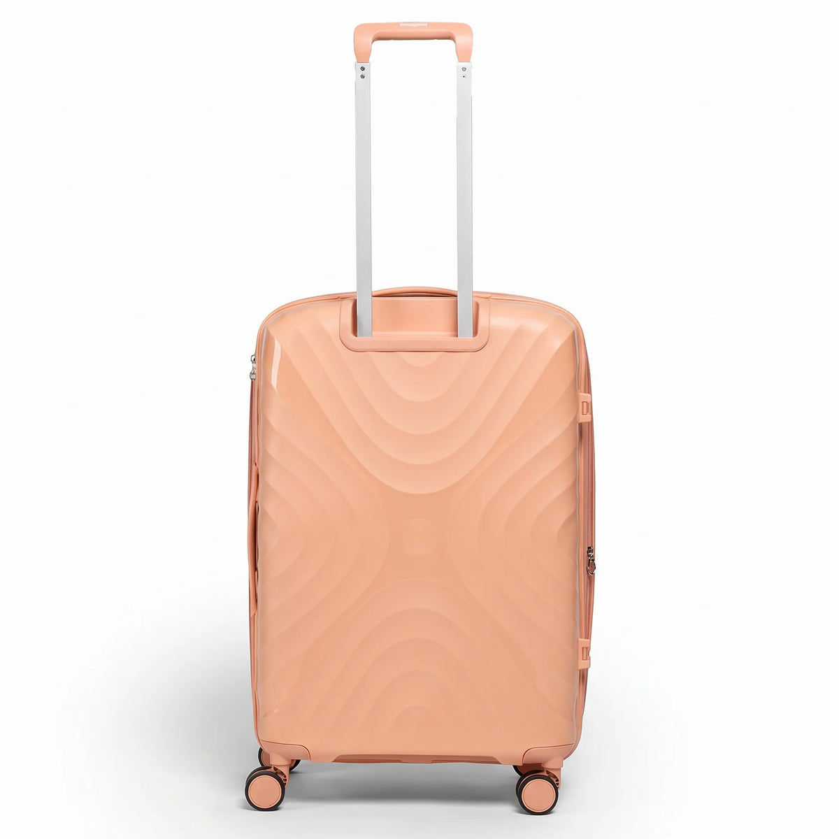Fashion Pyramid Explore Trolley medium 24-inch suitcase in salmon, back view with telescopic handle