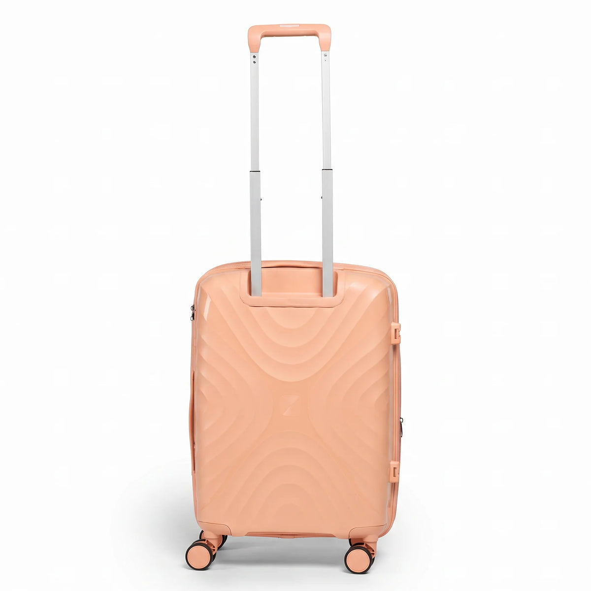 Fashion Pyramid Explore Trolley small 20-inch cabin suitcase in salmon, back view with telescopic handle