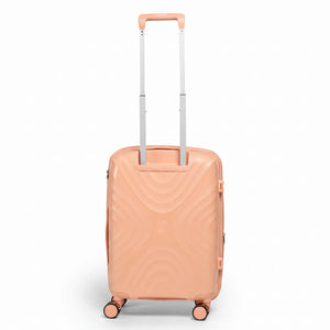Fashion Pyramid Explore Trolley small 20-inch cabin suitcase in salmon, back view with telescopic handle