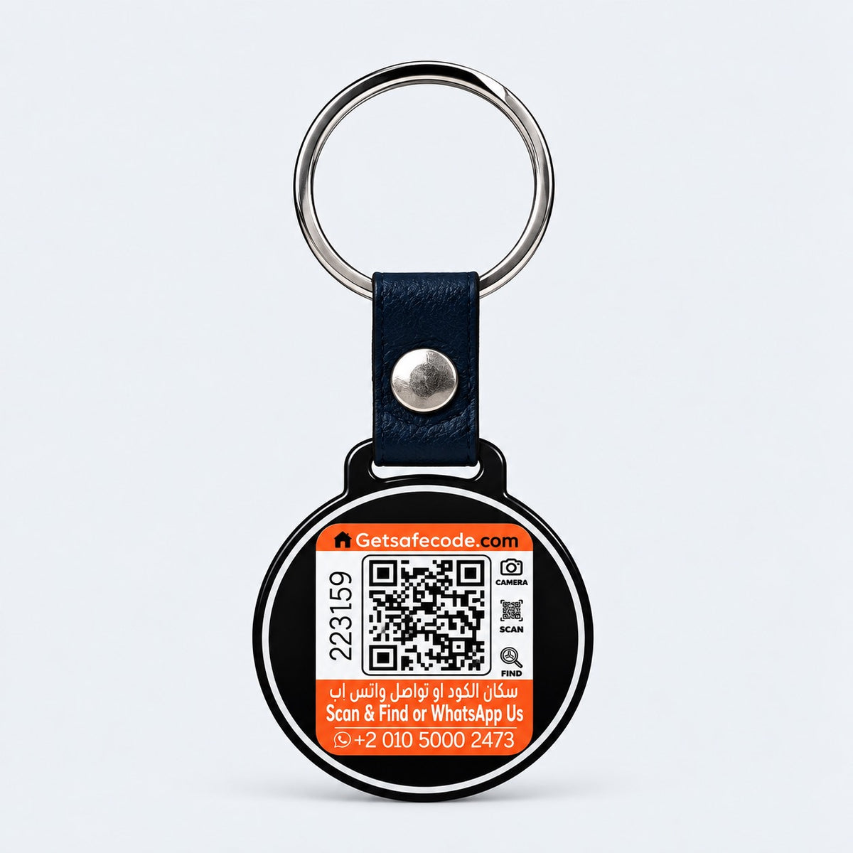 Fashion Pyramid Safe Code lost item recovery tag showing its QR code, ID number and WhatsApp contact label