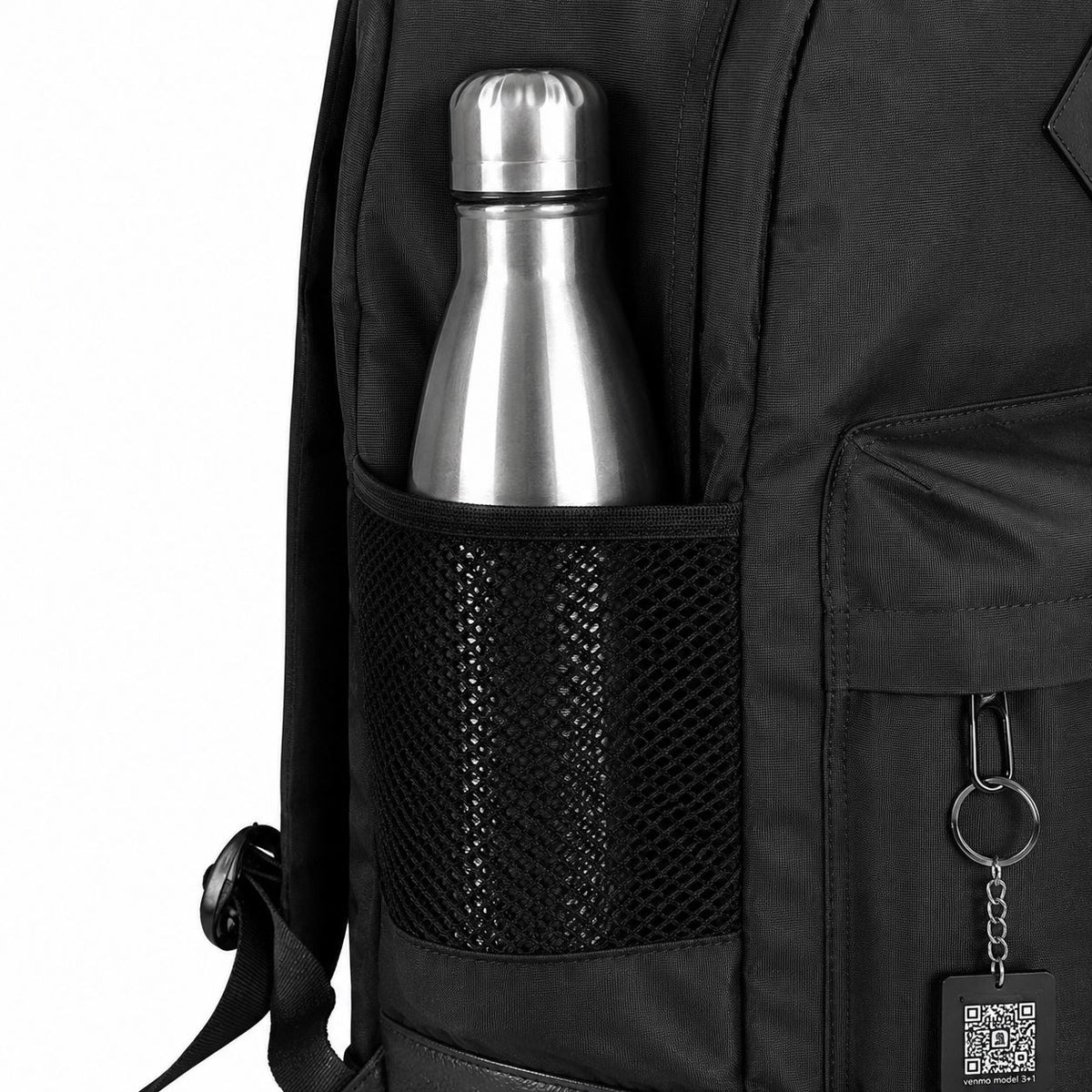 Pyramid Backpack Dark Black close-up of water bottle mesh pocket and the optional SafeCode QR tag keychain (sold separately, EGP 50)