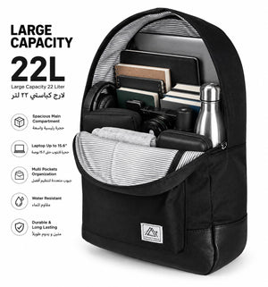 Pyramid Backpack Dark Black open interior showing 22 liter capacity and padded 15.6 inch laptop compartment