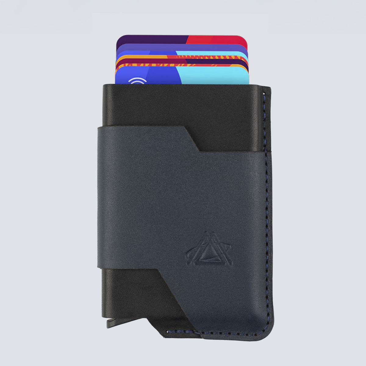بوب اب - حافظة كروت من الجلد الطبيعي الأصلي مصنوعة يدويًا مع خاصية حماية RFID -ازرق/اسود
