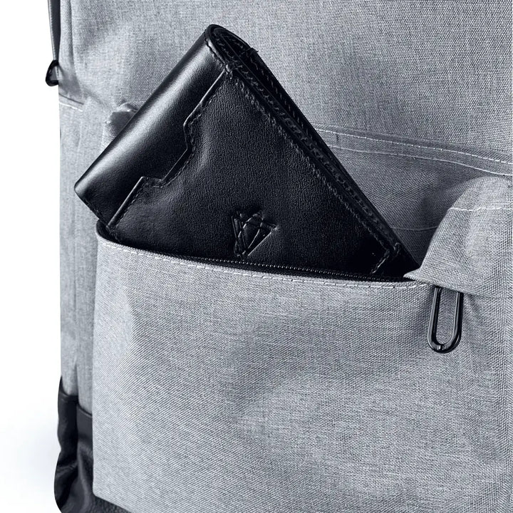 Gray and black backpack with a spacious main compartment and multiple pockets for organization. 